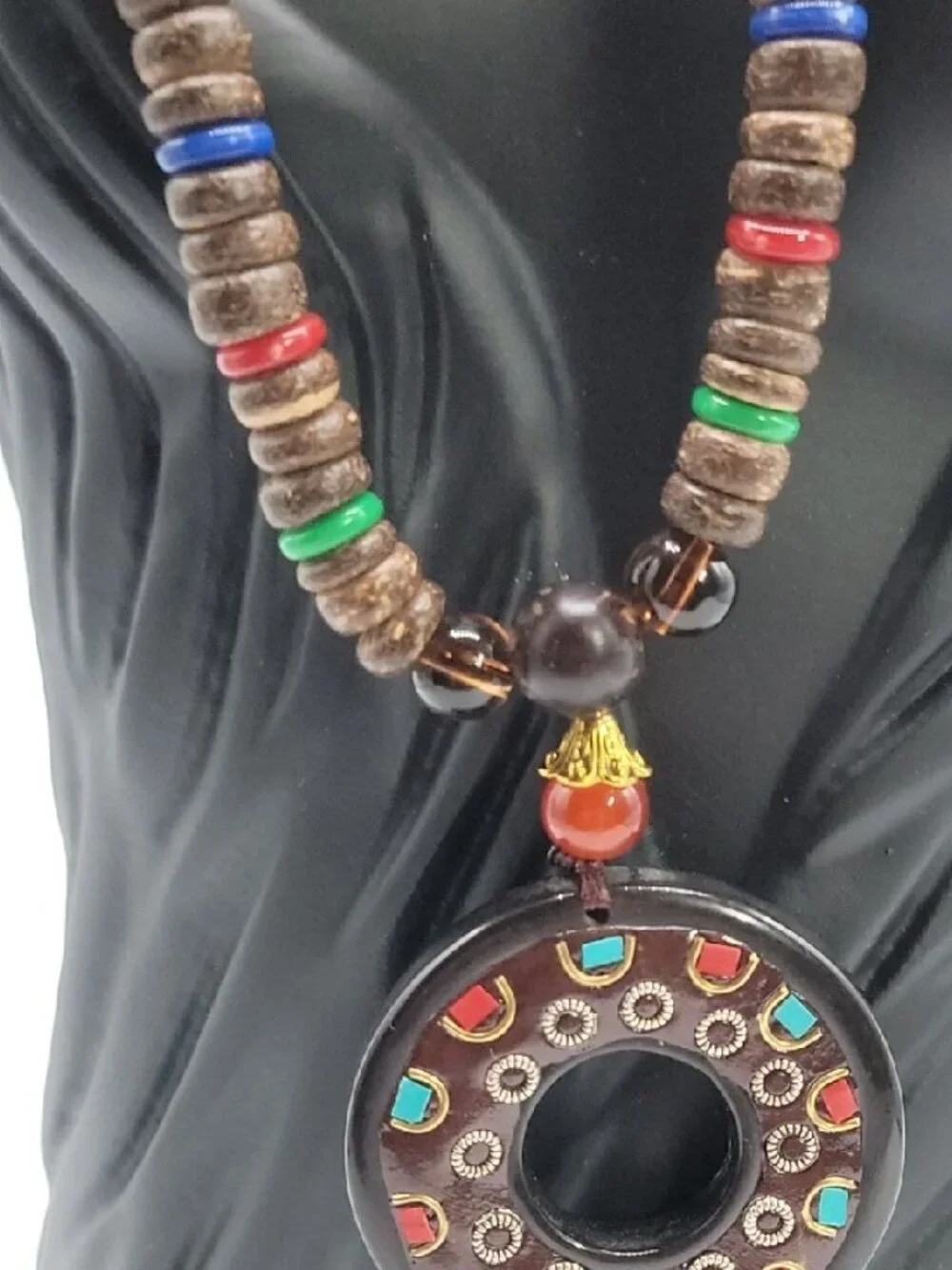 Unisex Nepal Buddhist Mala Wood Bead Pendant Necklace 30